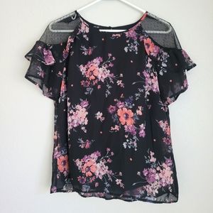 Women's AGB Sheer Lace Blouse, size Small, Black Floral
